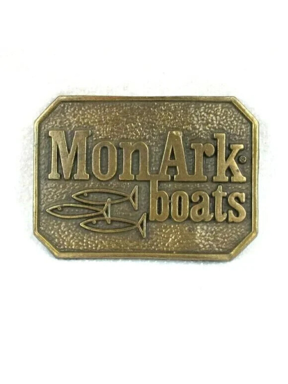 Vintage Belt Buckle MonArk Boats Fishing Sport Gold tone Brass Metal 1980s